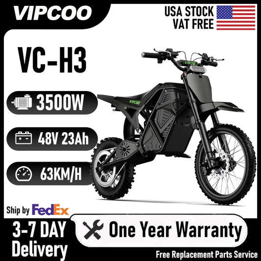 Electric Dirt Bike VIPCOO 3500W 48V23AH Electric Motorcycle Fat Tire Nitrogen Suspension E Dirt Bike for Teens and Adults