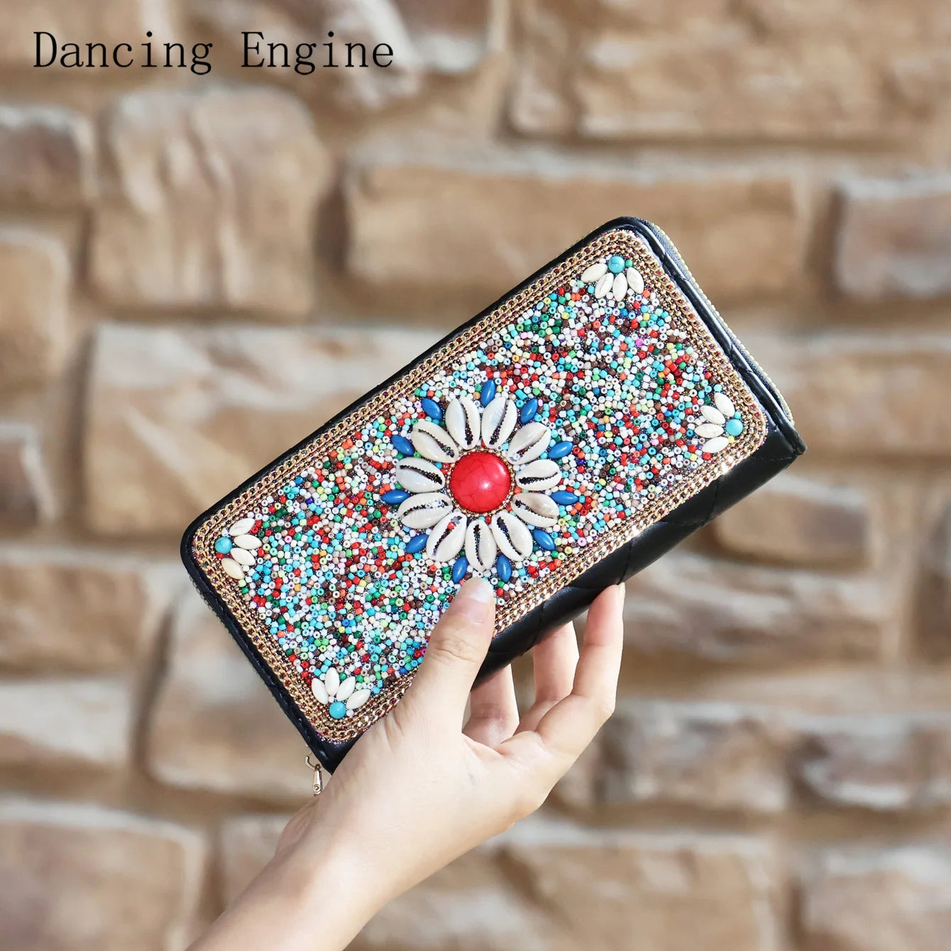 Women's Boho Seed Bead Flower Long Purse – Rhinestone Zipper Clutch, Black
