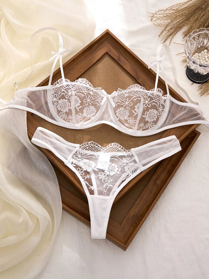 Women's Sheer Floral Embroidered Lingerie Set