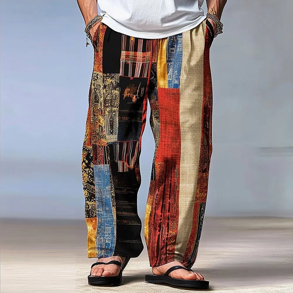 Men's Color Block Patchwork Pants Trousers Mid Waist Drawstring Elastic Waist Hawaiian Casual Outdoor Straight Leg Trousers