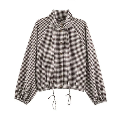 Guobioziy Women's Jacket 2026 Autumn New Plaid Long-Sleeve Drawstring Loose Jacket Parka Casual Fashion Versatile