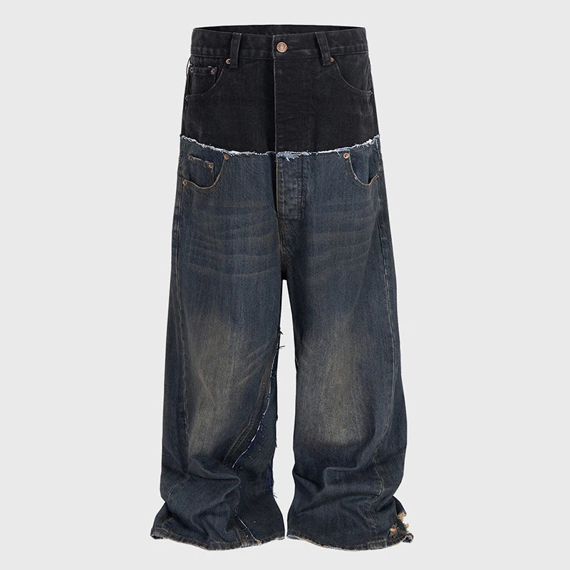 PFNW Niche Colorblock Patchwork Wide Leg Blue Jeans Men's Spring 2025 New Straight Double Waist Design Denim Trousers 28W6048