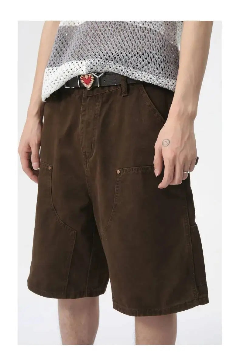 IEFB Men's Wear Knee Length Denim Shorts Summer New Multi Pocket Loose Jeans Solid Color Japanese Style Male Overalls 9C6027