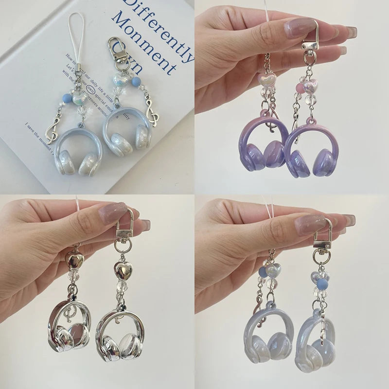Y2K Pink Purple Gradient Color Music Earphone Beaded Keychain Creative Mini Headset Pendant Keyring Paired Lanyard Key Chain