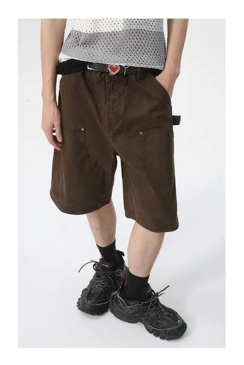 IEFB Men's Wear Knee Length Denim Shorts Summer New Multi Pocket Loose Jeans Solid Color Japanese Style Male Overalls 9C6027