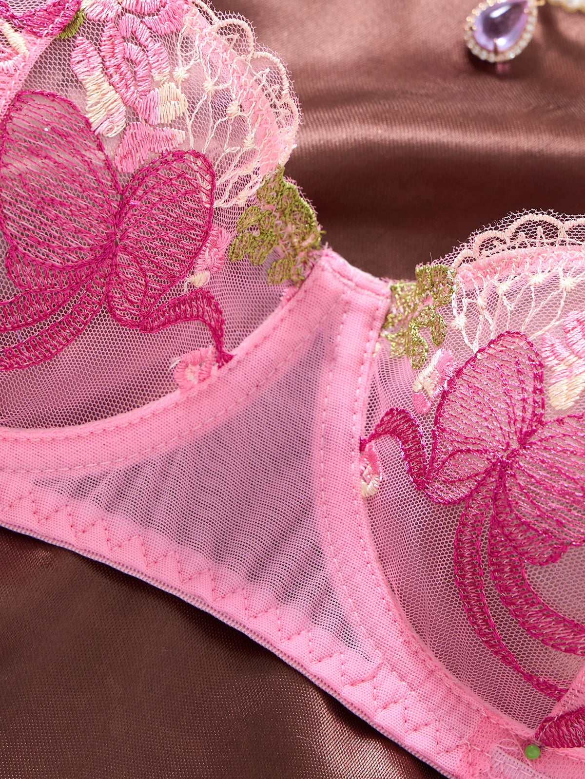 Pink Floral Embroidered Bra & Brief Set