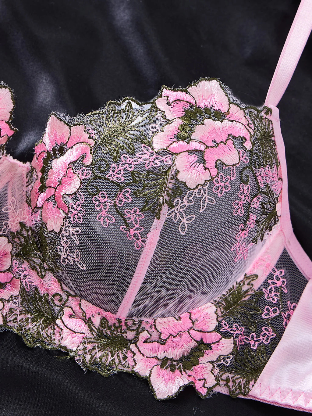 Pink Floral Embroidered Lace Bra & Thong Set