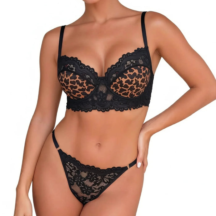 Black Leopard Lace Bra & Thong Set