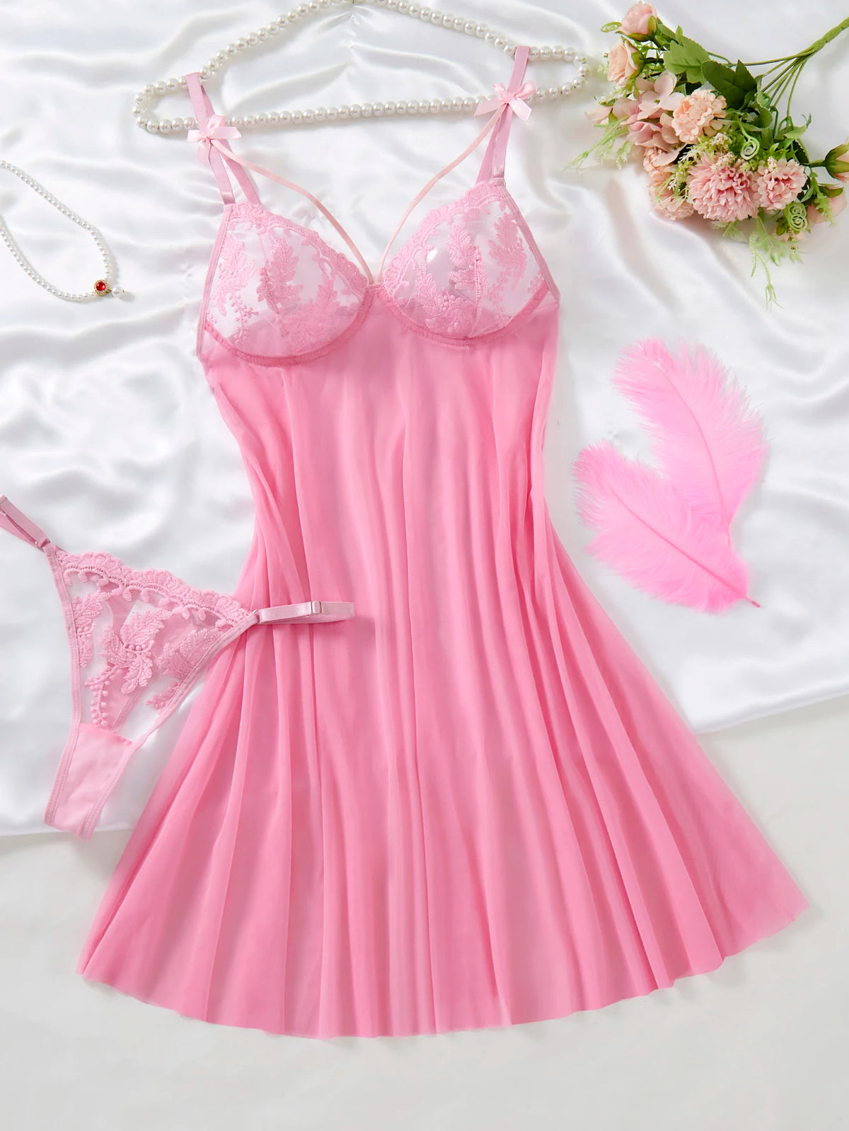 Wine Red Embroidered Sheer Nightgown