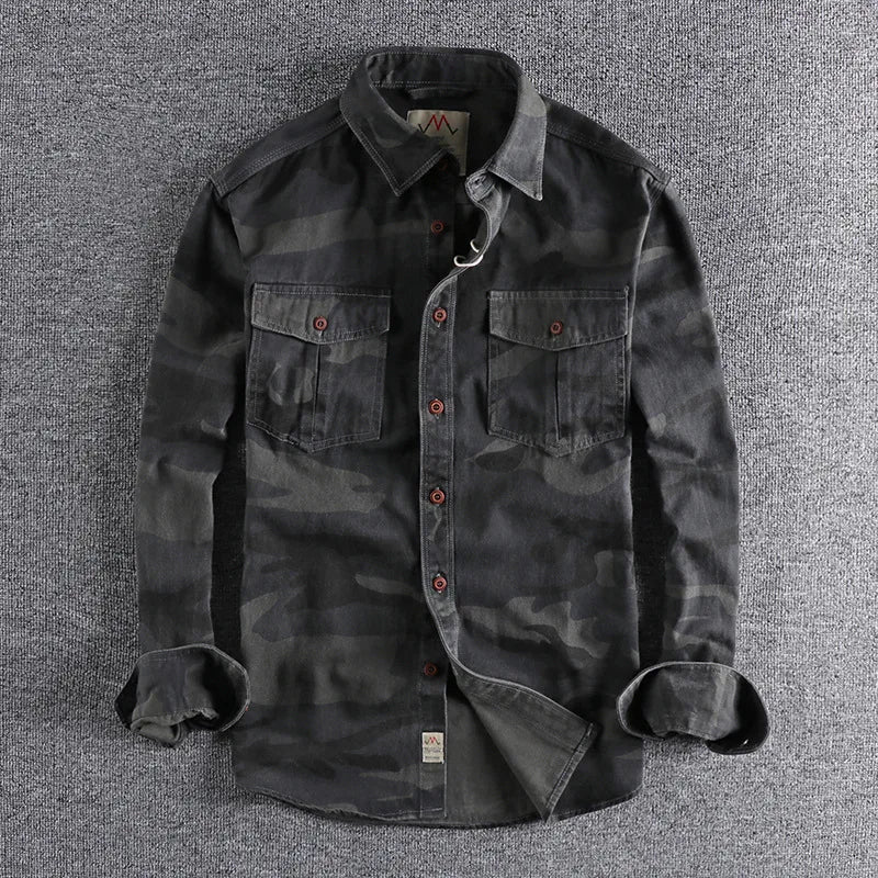 Men Shirts Camo Shirt Pocket Long Sleeves Turn Down Collar Single Breasted Slight Strech Loose Fit Casual Office 2025 Autumn
