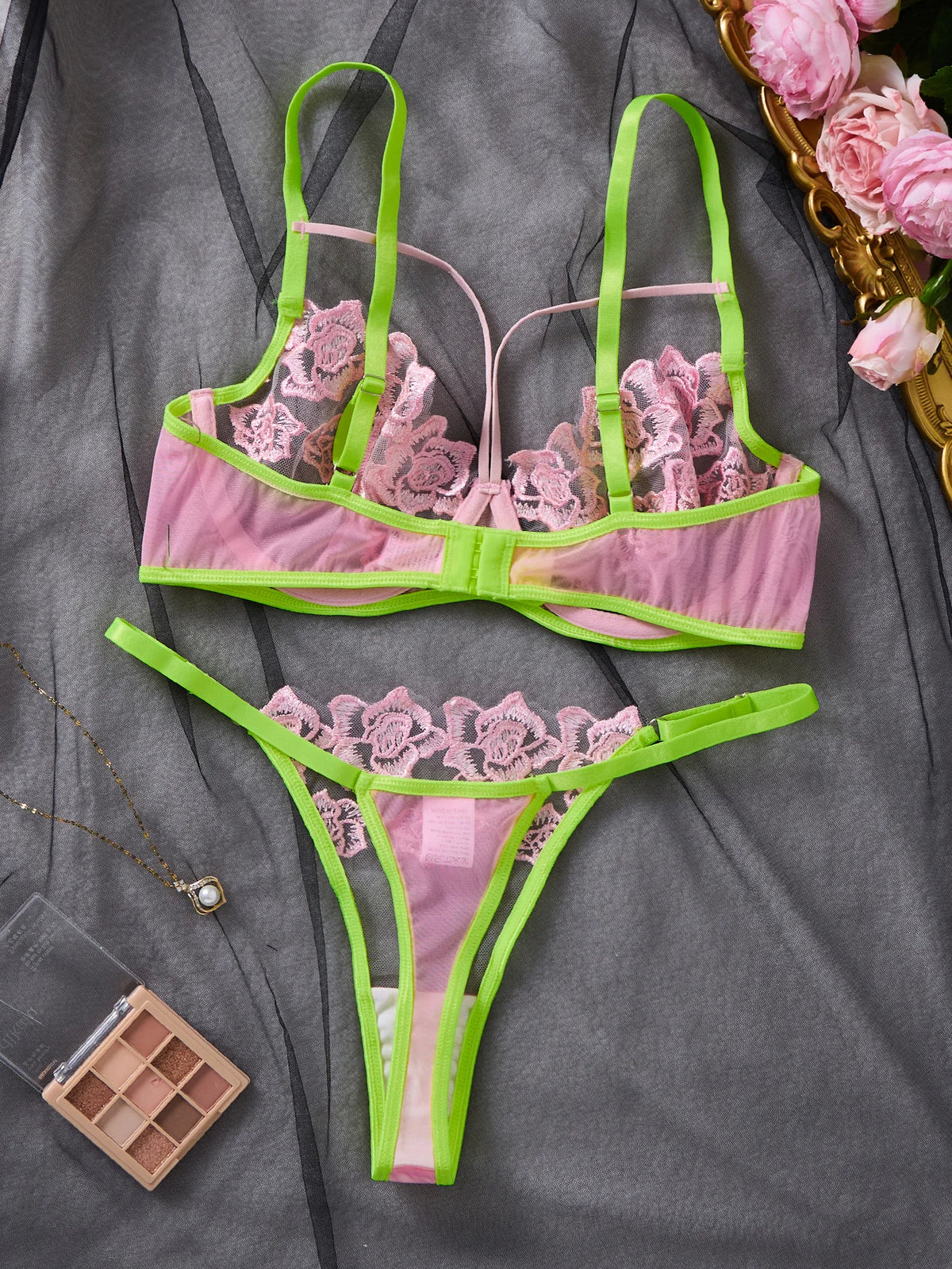 Rose Embroidered Underwire Lingerie Set