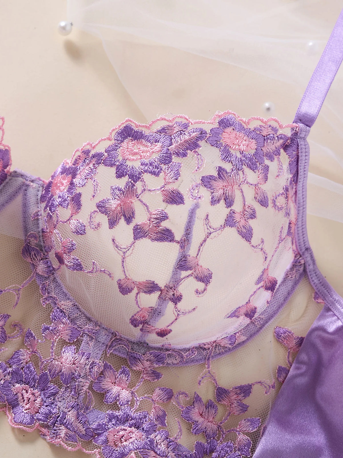 Purple Lace Embroidered Long-Sleeve Bra & Thong Set