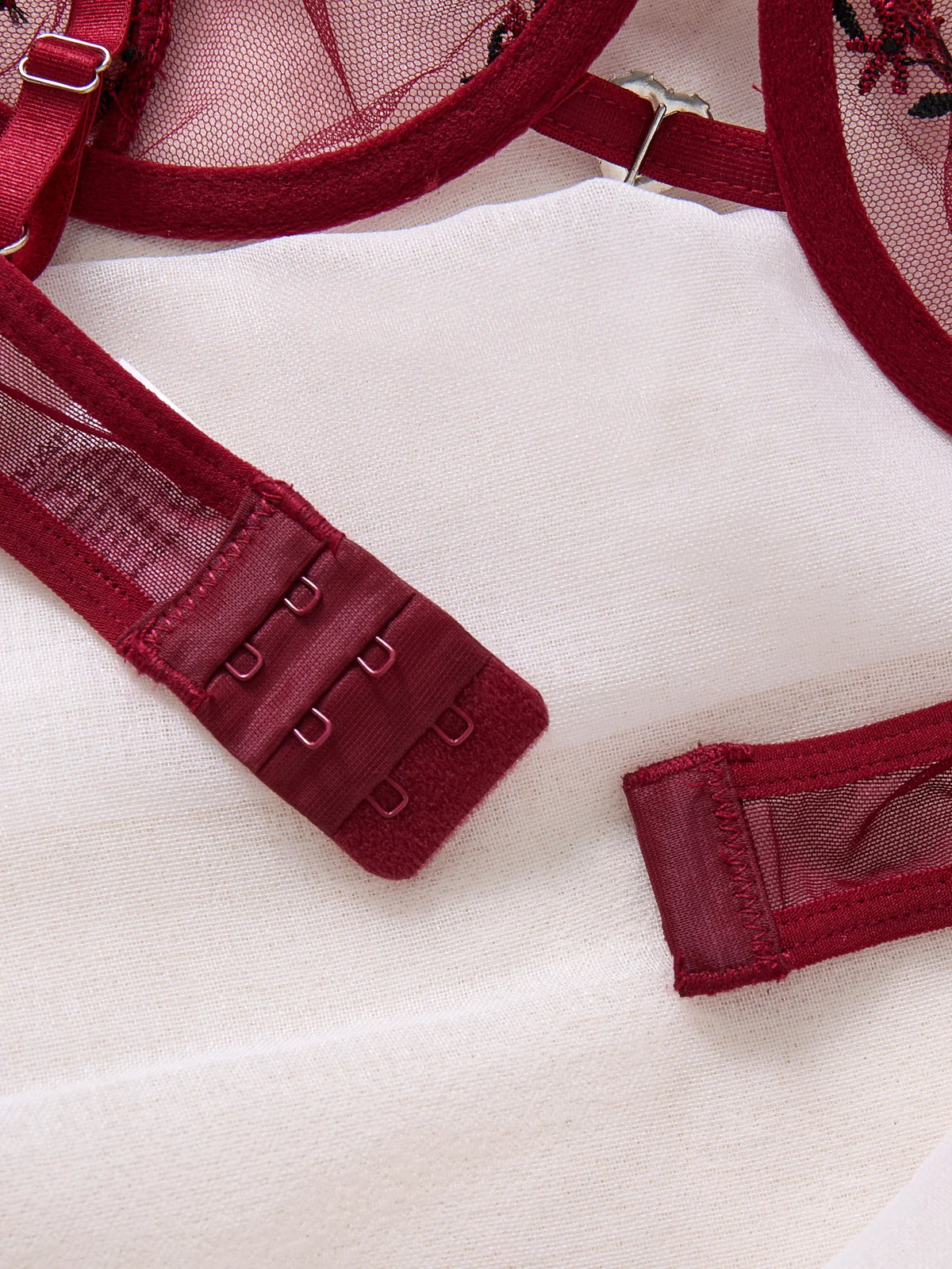 Wine Red Floral Embroidered Bra & Thong Set