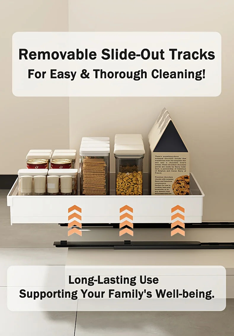 No-Drill Magic Tray Heavy-duty slide-out organizer for cabinets/sinks. Easy install, huge space saver! Perfect for tiny homes