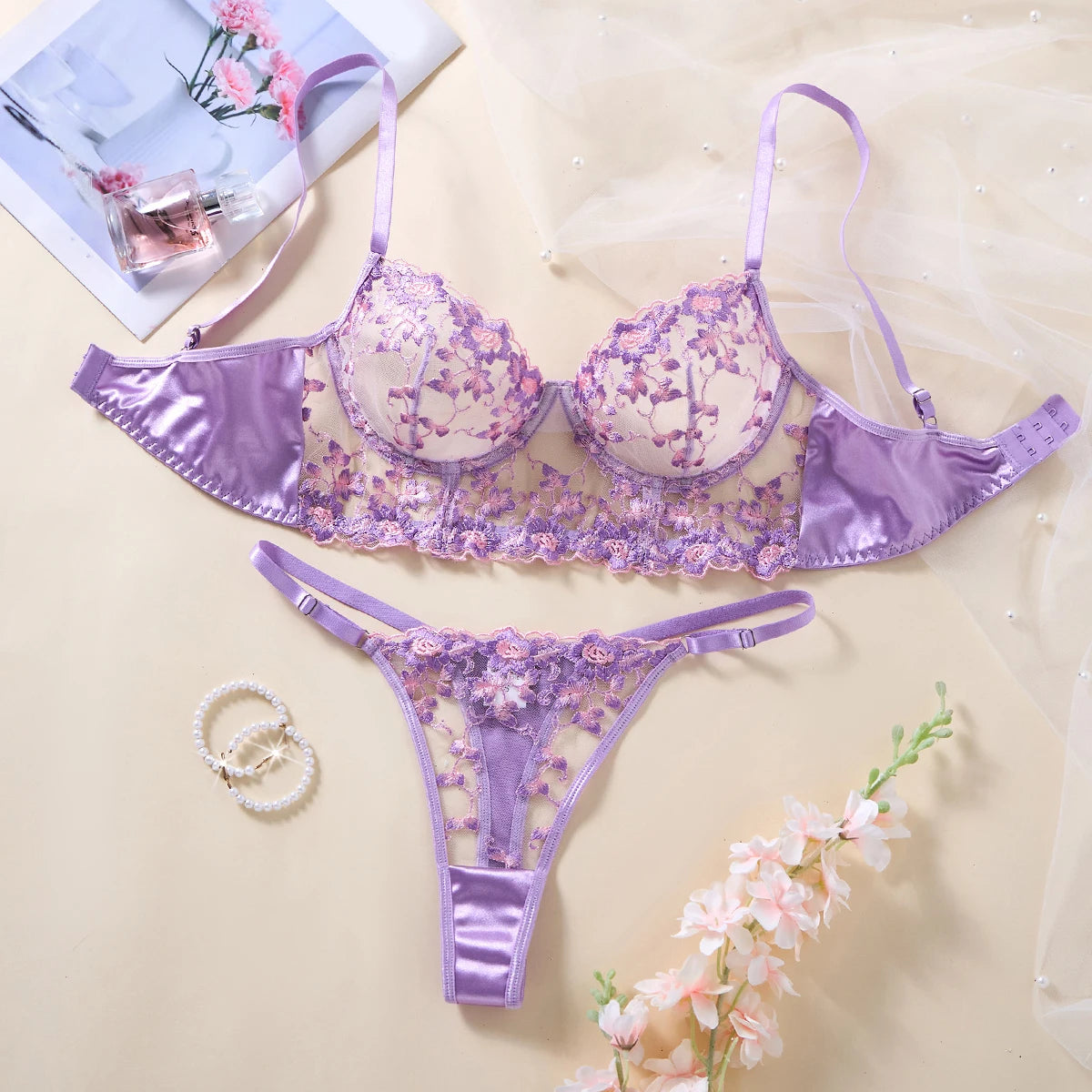 Purple Lace Embroidered Long-Sleeve Bra & Thong Set