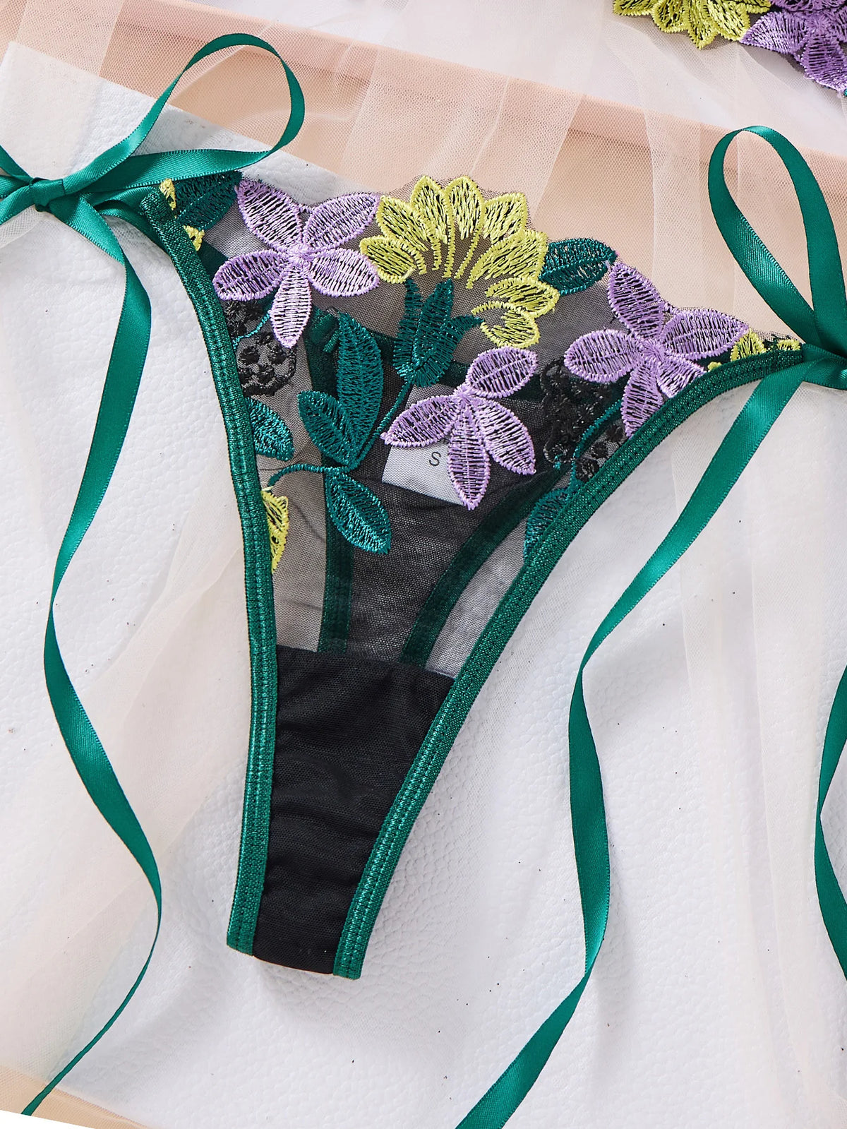 Green Multicolor Floral Embroidered Bra & Thong Set