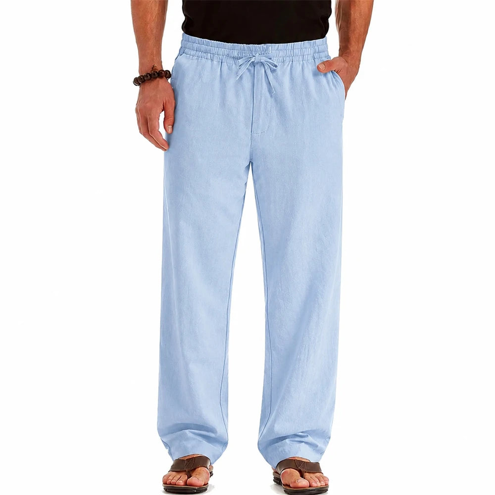 Men's Spring Summer New Cotton Linen Long Pants Vacation Hawaii Casual Trouser Straight Leg Lightweight Sweatpants