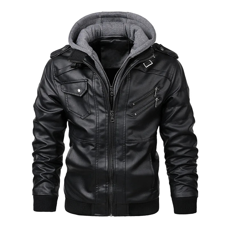 Men's Hooded Faux Leather Biker Jacket