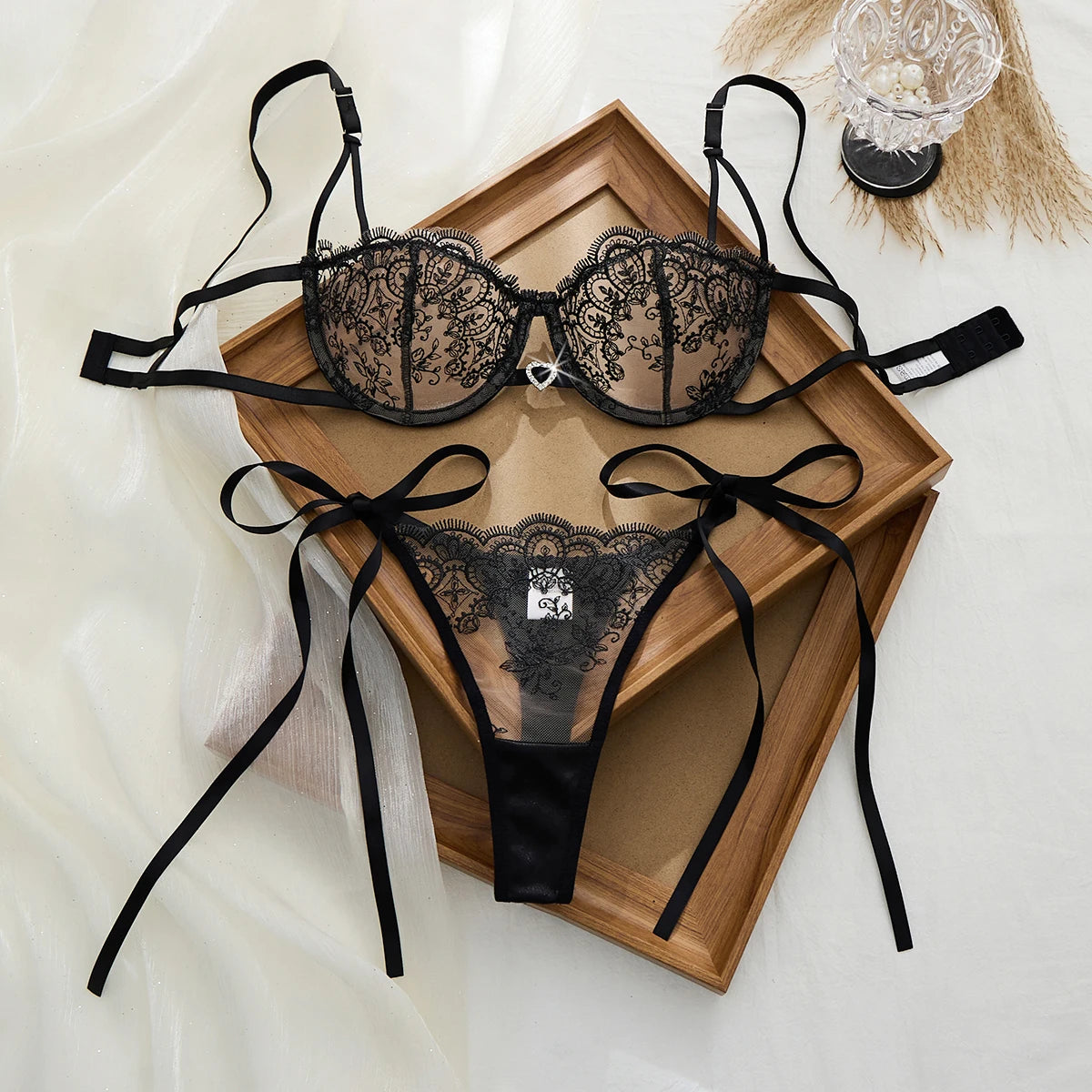 Black Floral Embroidered Bra & Thong Set
