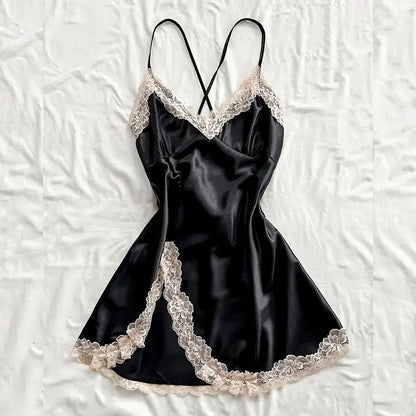 Off Shoulder Ultra Short Sexy Bras Pajamas Home Dresses Night Shirts Sexi Women's Nightgown Silk Lingerie See Through Dress