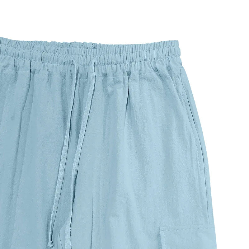 Amazon Cross-Border Cotton and Linen Tied Feet Multi-Pocket Tether Solid Color Loose Drawstring Trousers
