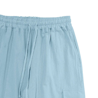 Amazon Cross-Border Cotton and Linen Tied Feet Multi-Pocket Tether Solid Color Loose Drawstring Trousers