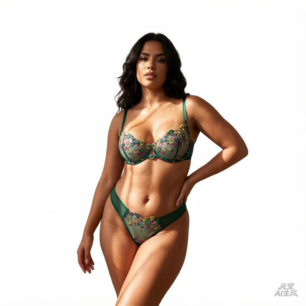 Green Floral Embroidered Bra & Thong Set