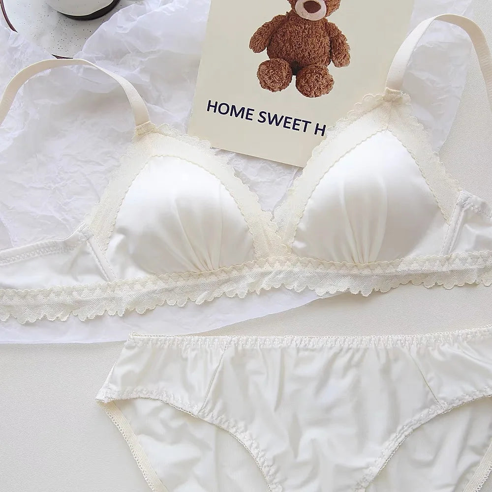 Sexy Lace Bra Set Teenage Thin Section Underwear Female Satin Lace Sweet Pure Desire Gathered Anti-Sagging Triangle Cup Bra