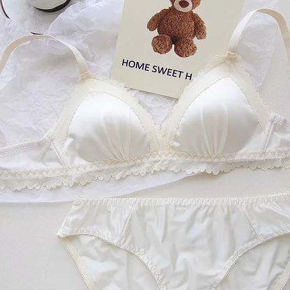 Sexy Lace Bra Set Teenage Thin Section Underwear Female Satin Lace Sweet Pure Desire Gathered Anti-Sagging Triangle Cup Bra