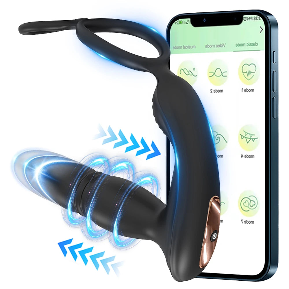 Bluetooth APP Control Thrusting Prostate Massager Vibrator Dual Ring Anal Expander Butt Plug Adult Goods Sex Toy for Men