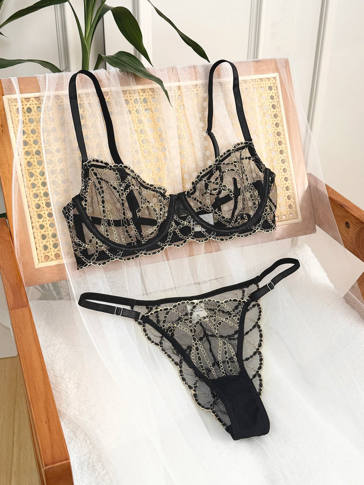 Women's Black Lace Gold-Chain Bra & G-String Set