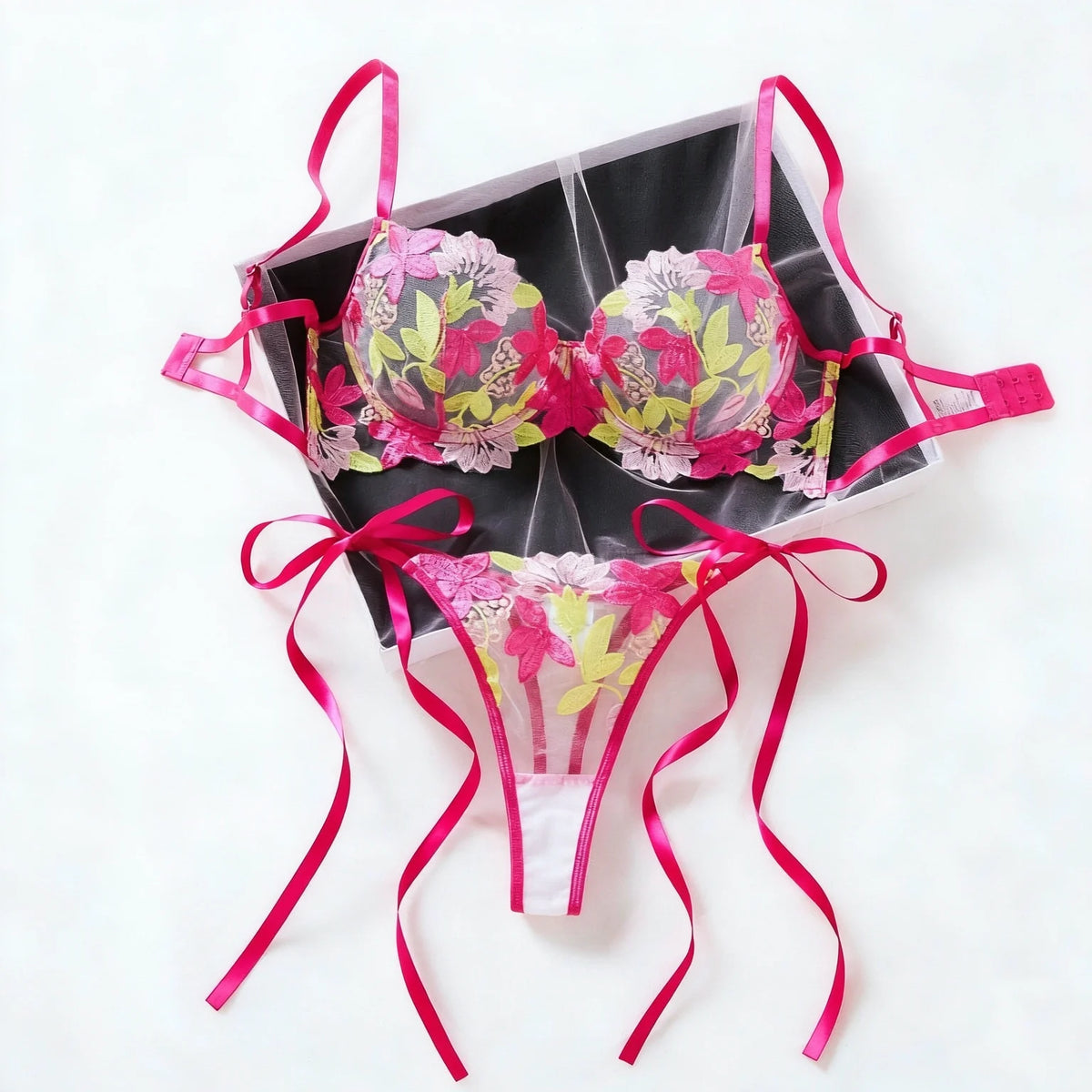 Red Multicolor Floral Embroidered Bra & Thong Set