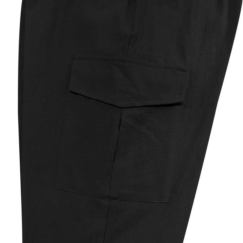 Amazon Cross-Border Cotton and Linen Tied Feet Multi-Pocket Tether Solid Color Loose Drawstring Trousers