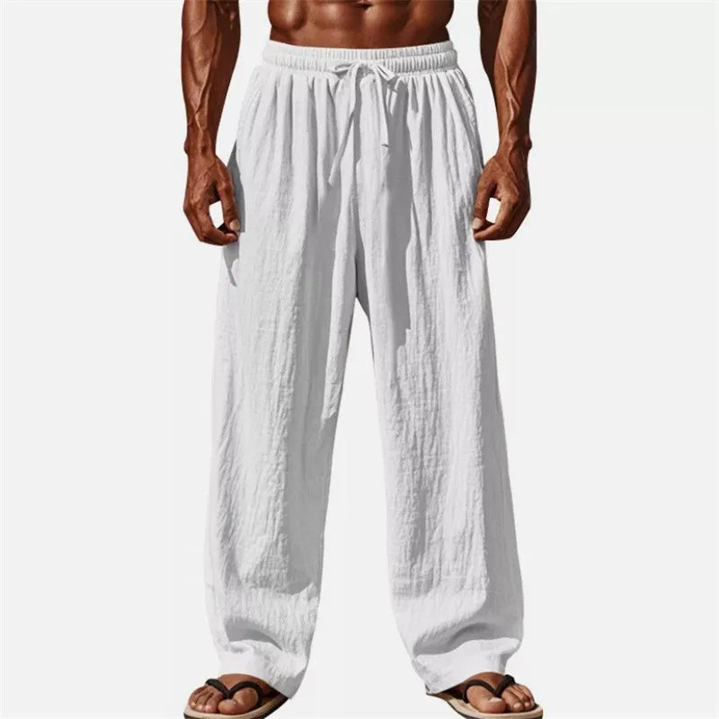 Men's Casual Pants Daily Wear Solid Summer Full Length Soft Linen Pants Mid Waist Pocket Drawstring Trousers Streetwear Bottoms