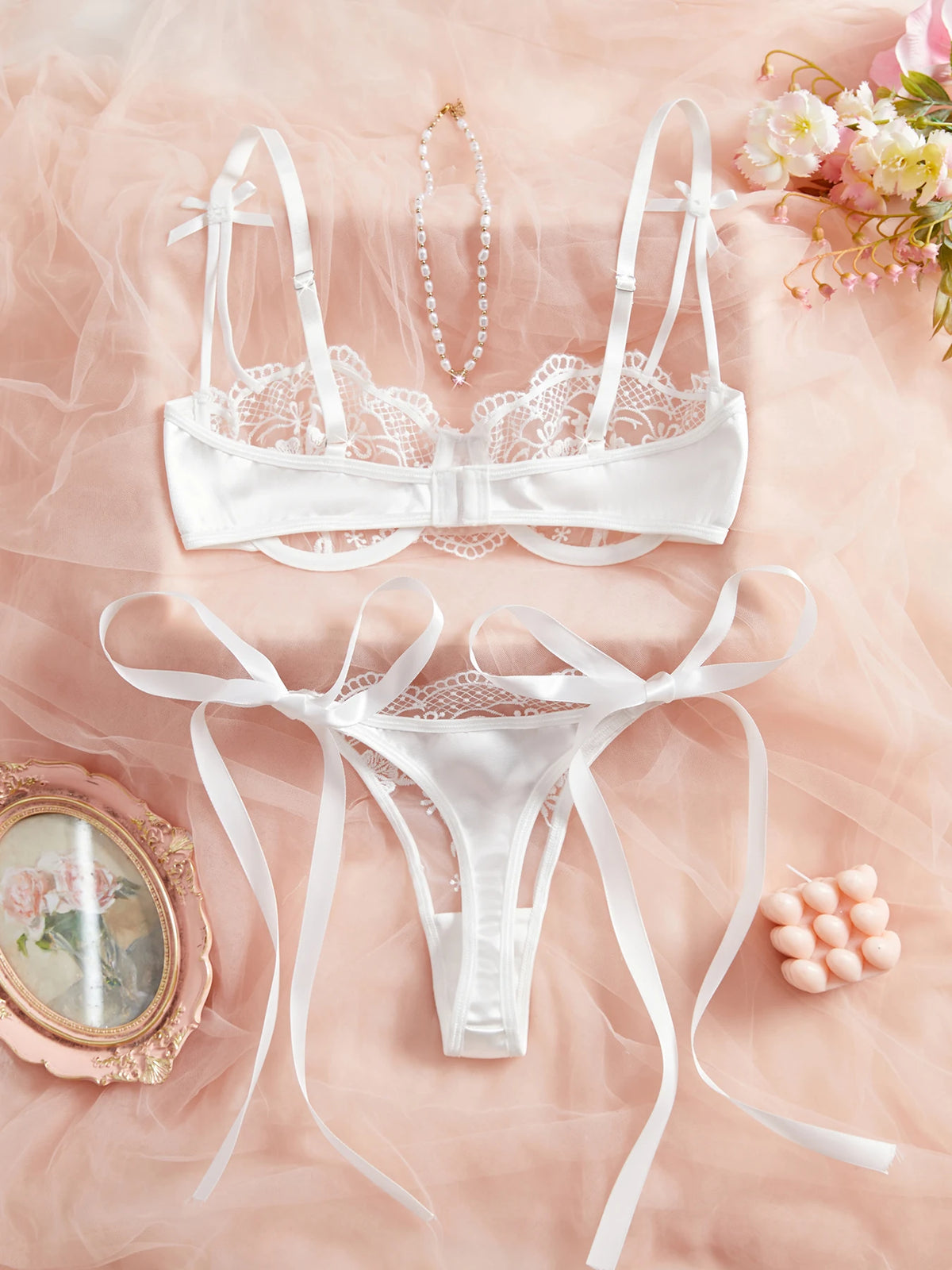 Women's Satin Floral Embroidered Lingerie Set