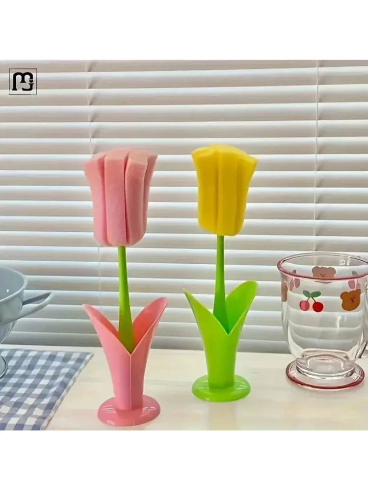 1pc Tulip Cup Brush with Detachable Sponge Head - Long Handle Bottle & Glass Cleaner, Durable Plastic, Ideal for Kitchen Use