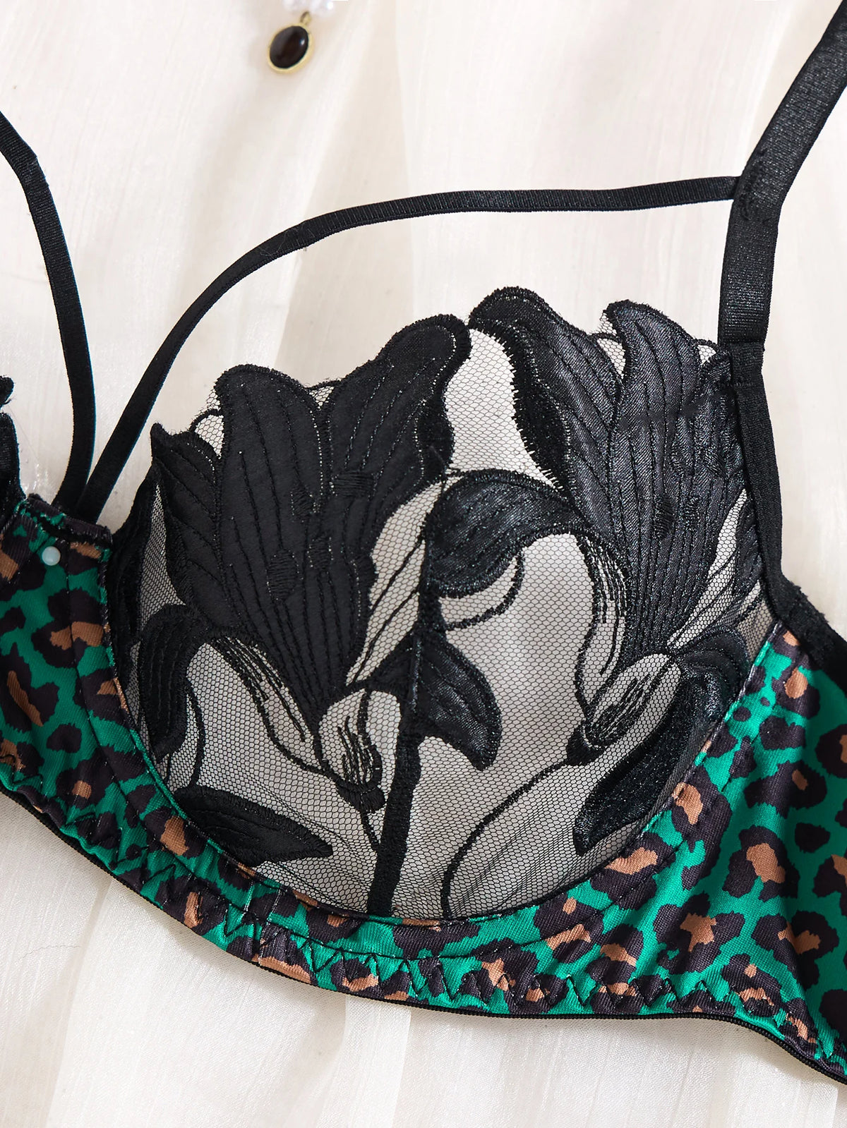 Green Leopard Floral Embroidered Bra & Thong Set