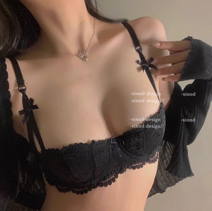 Lace Half Cup Underwear Set Summer Small Chest Gathering Soft Steel Hoop Top Support Anti Sagging Bra Underwear Two Piece Set