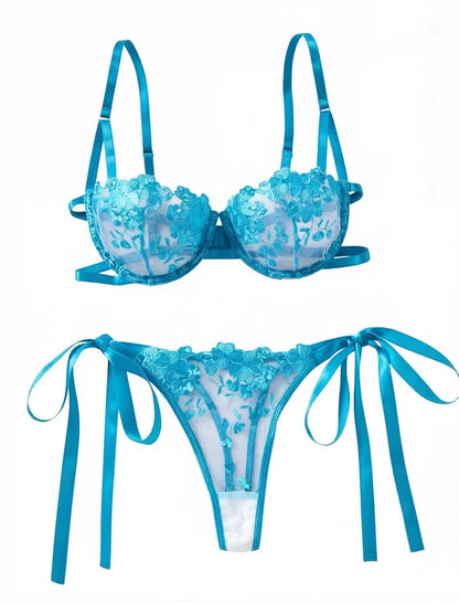 Women's Sheer Floral Embroidered Bra & Brief Set