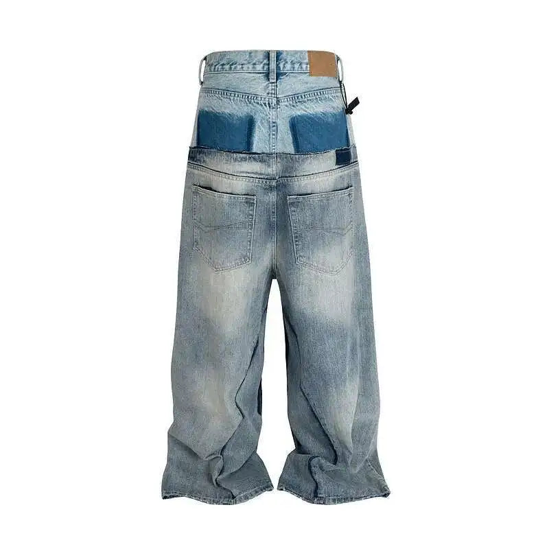 PFNW Niche Colorblock Patchwork Wide Leg Blue Jeans Men's Spring 2025 New Straight Double Waist Design Denim Trousers 28W6048