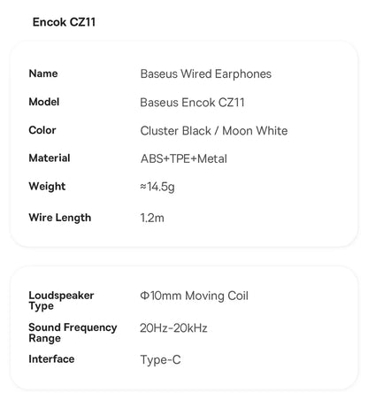 Baseus Encok CZ11/HZ11 Wired Earphones Type-C/3.5mm Jack Wired Headphones With Mic 120°Angle For Laptop Computer Tablet Phone