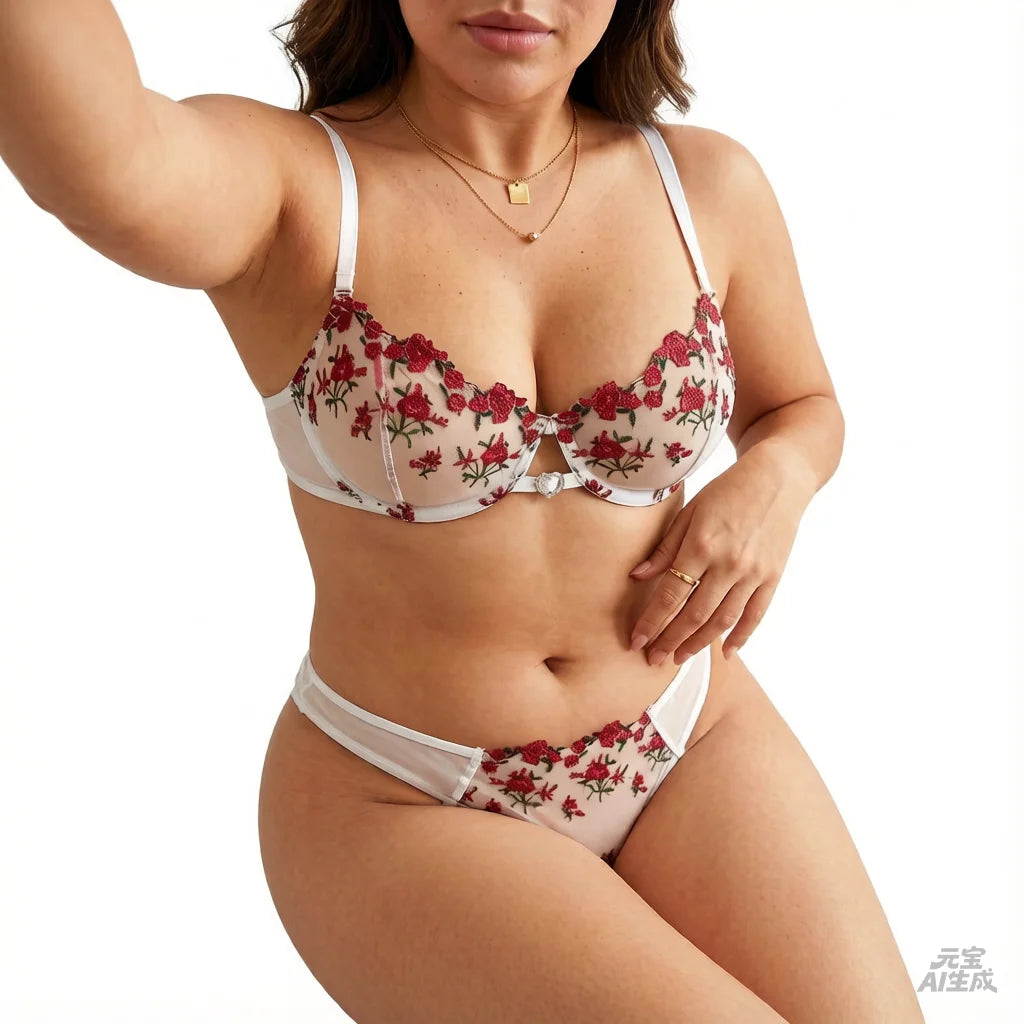 White Rose Embroidered Lace Bra & Thong Set