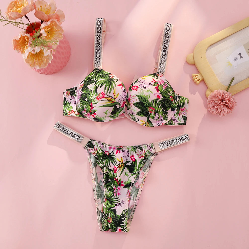 Victoria Secret Hot Sexy Lingerie Set Very Sexy Logo Shine Strap Tropical Floral Push Up Bra Shine Script Thong Panty