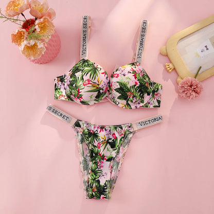 Victoria Secret Hot Sexy Lingerie Set Very Sexy Logo Shine Strap Tropical Floral Push Up Bra Shine Script Thong Panty