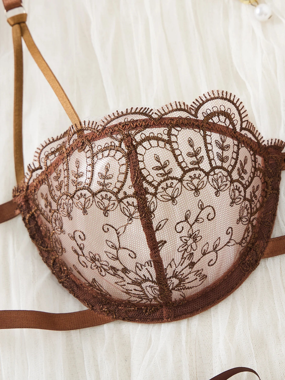 Coffee Floral Lace Bra & Thong Set