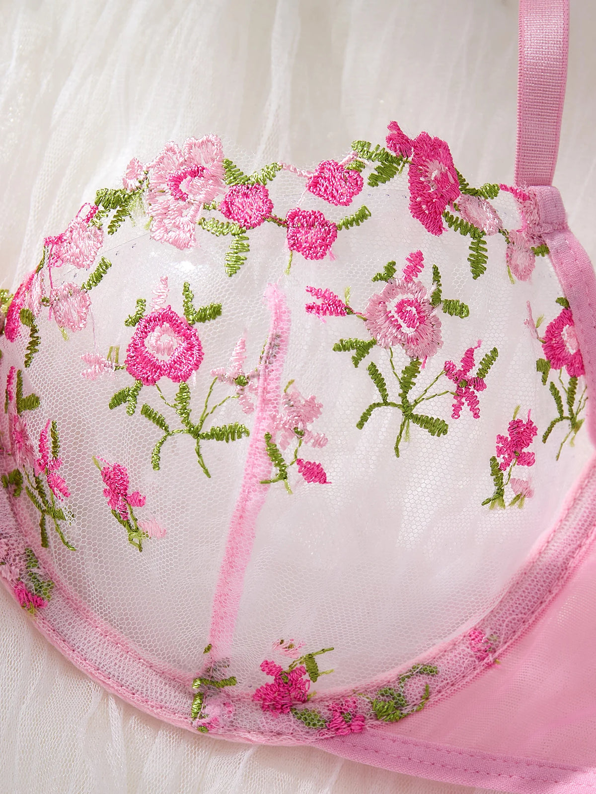 Pink Floral Embroidered Bra & Thong Set