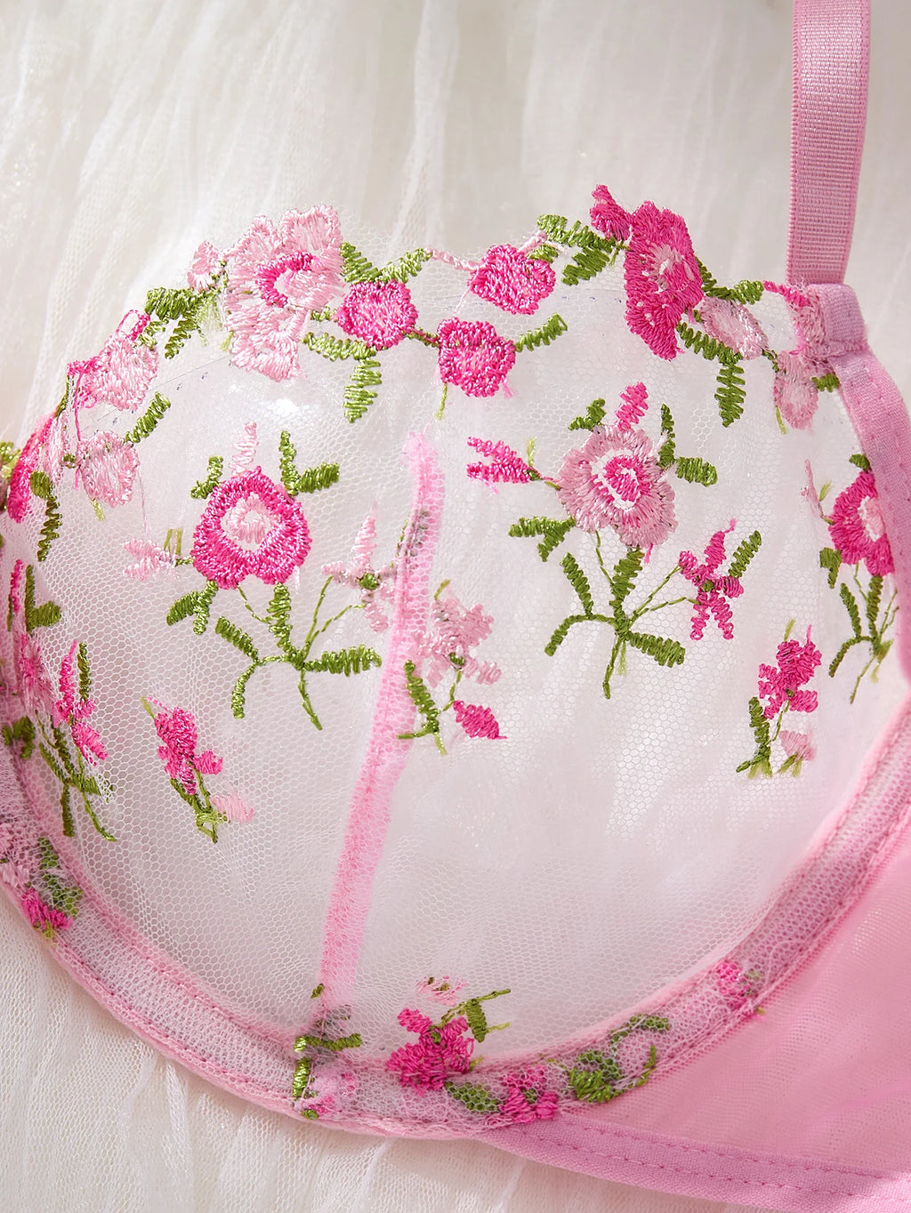 Pink Floral Embroidered Bra & Thong Set