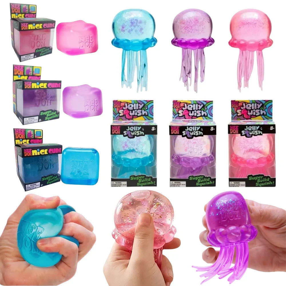 Schylling Nee Doh Jellyfish & Cube Squish Toy, Soft Jelly Squeeze Stress Relief Fidget Toy, Sensory NeeDoh for Kids & Adults