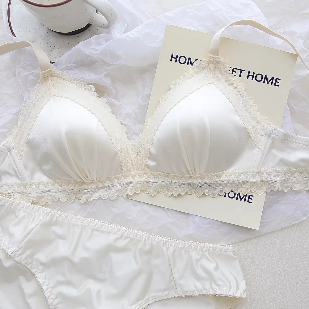 Sexy Lace Bra Set Teenage Thin Section Underwear Female Satin Lace Sweet Pure Desire Gathered Anti-Sagging Triangle Cup Bra