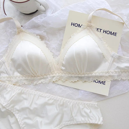 Sexy Lace Bra Set Teenage Thin Section Underwear Female Satin Lace Sweet Pure Desire Gathered Anti-Sagging Triangle Cup Bra